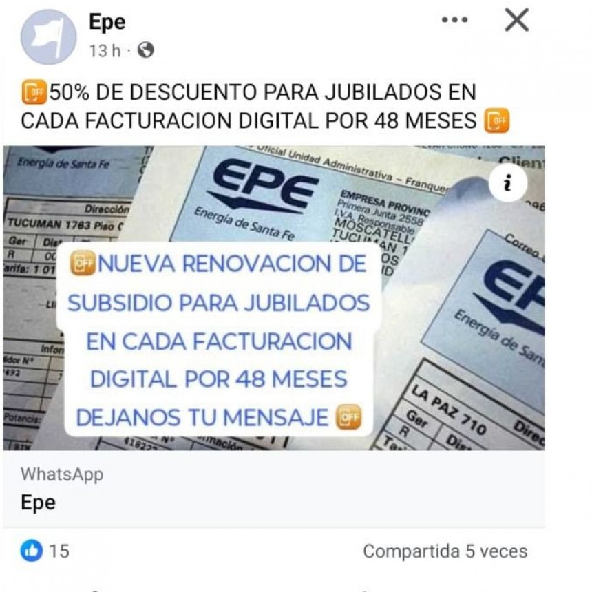 La EPE advierte sobre posibles intentos de estafa a usuarios de Santa Fe