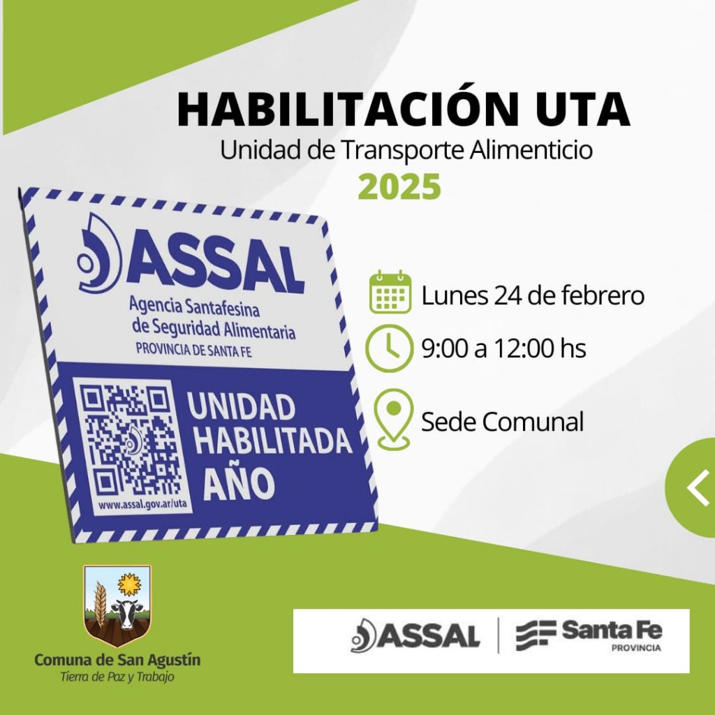 San Agustín: disponible la tramitación del Certificado UTA 2025 para transportistas de alimentos