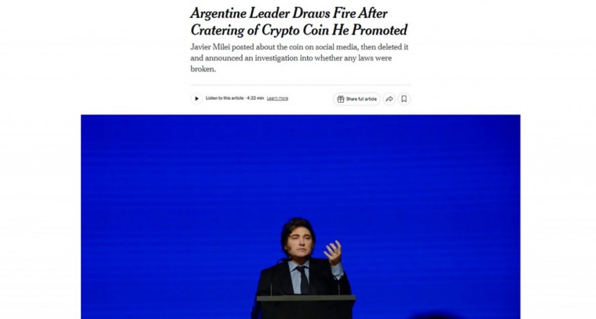 El caso de la criptomoneda promocionada por Milei lleg&oacute; al New York Times: &ldquo;El l&iacute;der argentino, en el punto de mira&rdquo;