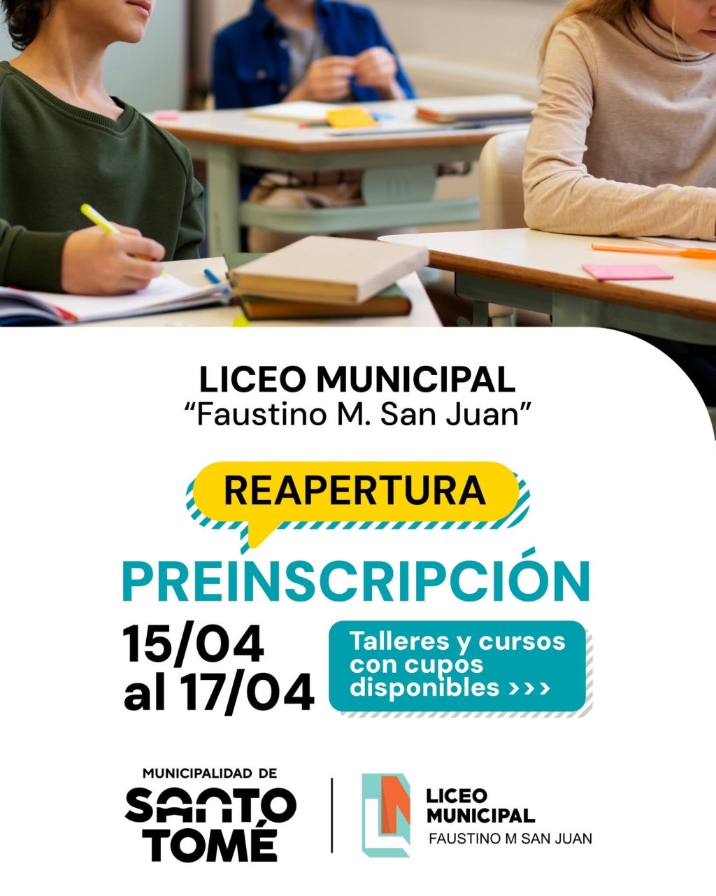 Santo Tom&eacute;: el Liceo Municipal &ldquo;Faustino M. San Juan&rdquo; reabre la preinscripci&oacute;n para propuestas con vacantes disponibles