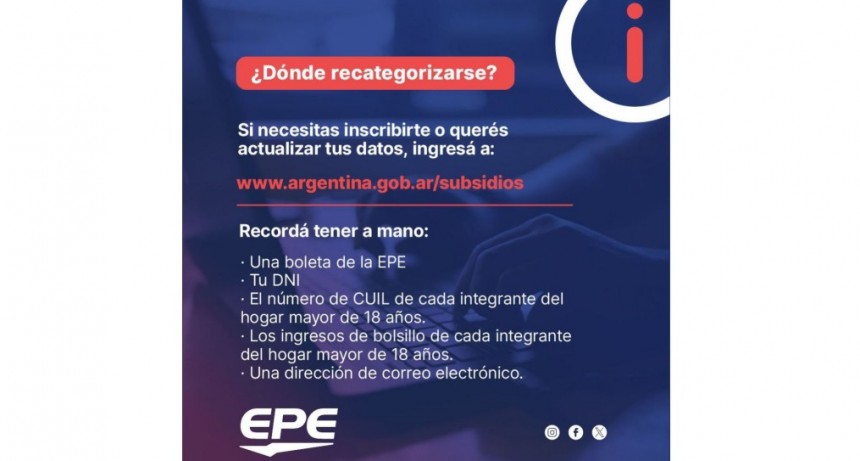 La EPE informa que est&aacute; vigente el Plan de recategorizaci&oacute;n de usuarios residenciales de energ&iacute;a el&eacute;ctrica