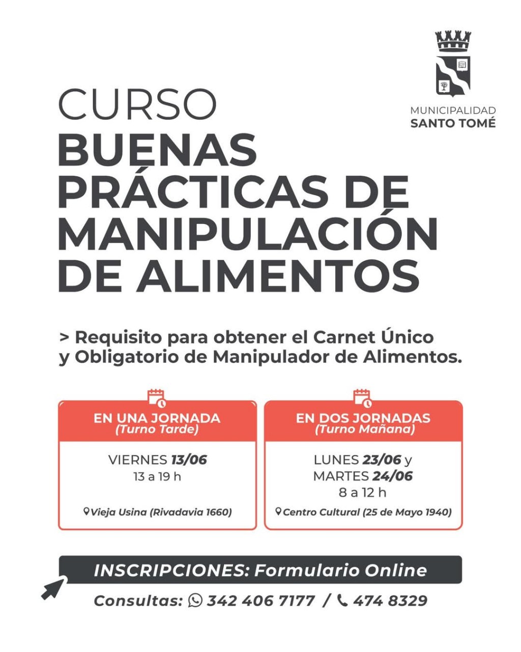 Nuevo Curso de Manipulación de Alimentos en Santo Tomé: inscripción abierta