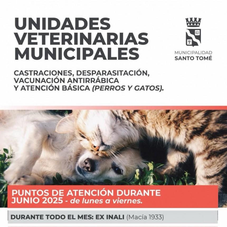 Atenci&oacute;n veterinaria m&oacute;vil: cronograma para el mes de junio en Santo Tom&eacute;